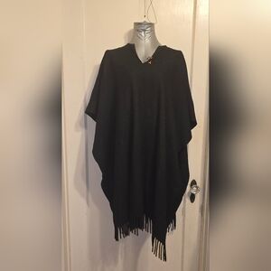 VTG Black Wool Western Poncho Serape Fringe Cowboy Cape